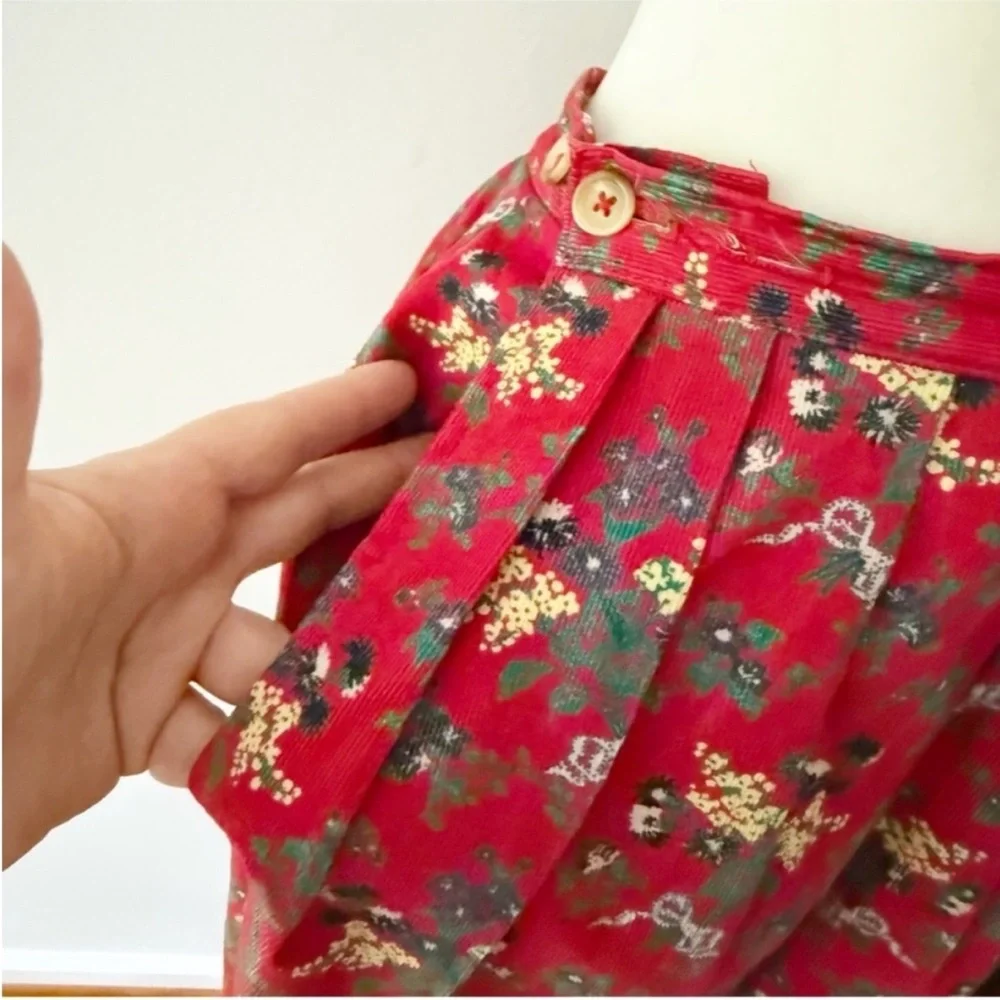 Vintage Lands End Women Floral Pleated Corduroy Maxi Skirt 12P Cottage Prairie